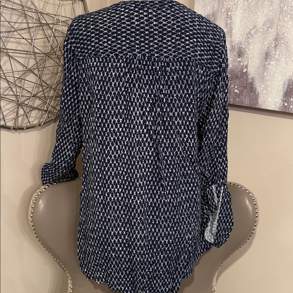 Women's Navy Patterned Button-Front Blouse Size L… - image 3